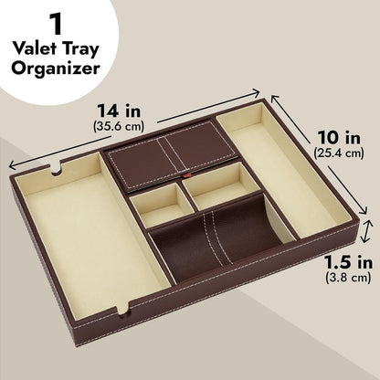 Juvale Nightstand Organizer Tray - 14 x 10 x 1.5 in, Black Faux Leather - Valet Tray for Men with 6 Compartments for Watch, Jewelry & Keys