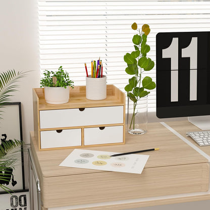 Desk Organizer with Drawers - Bamboo Desktop Organizer Storage | Wood Desk Drawers Organizer for Bills, Office Supplies, Cosmetics, Seals No Assembly Required (3 Drawer with Big Drawer)