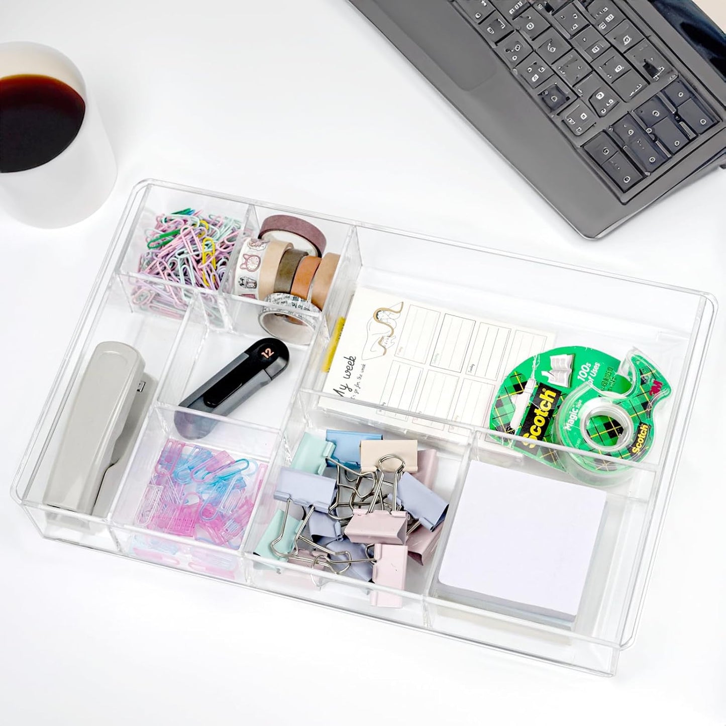 ZEXALOR 8-Section Clear Drawer Organizer, Large Acrylic Drawer Divider Tray for Desk,Bathroom,Office Makeup,Junk, Plastic Drawers Organizer 13.7" x 8.7" x 2" (8-Section)