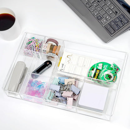 ZEXALOR 8-Section Clear Drawer Organizer, Large Acrylic Drawer Divider Tray for Desk,Bathroom,Office Makeup,Junk, Plastic Drawers Organizer 13.7" x 8.7" x 2" (8-Section)