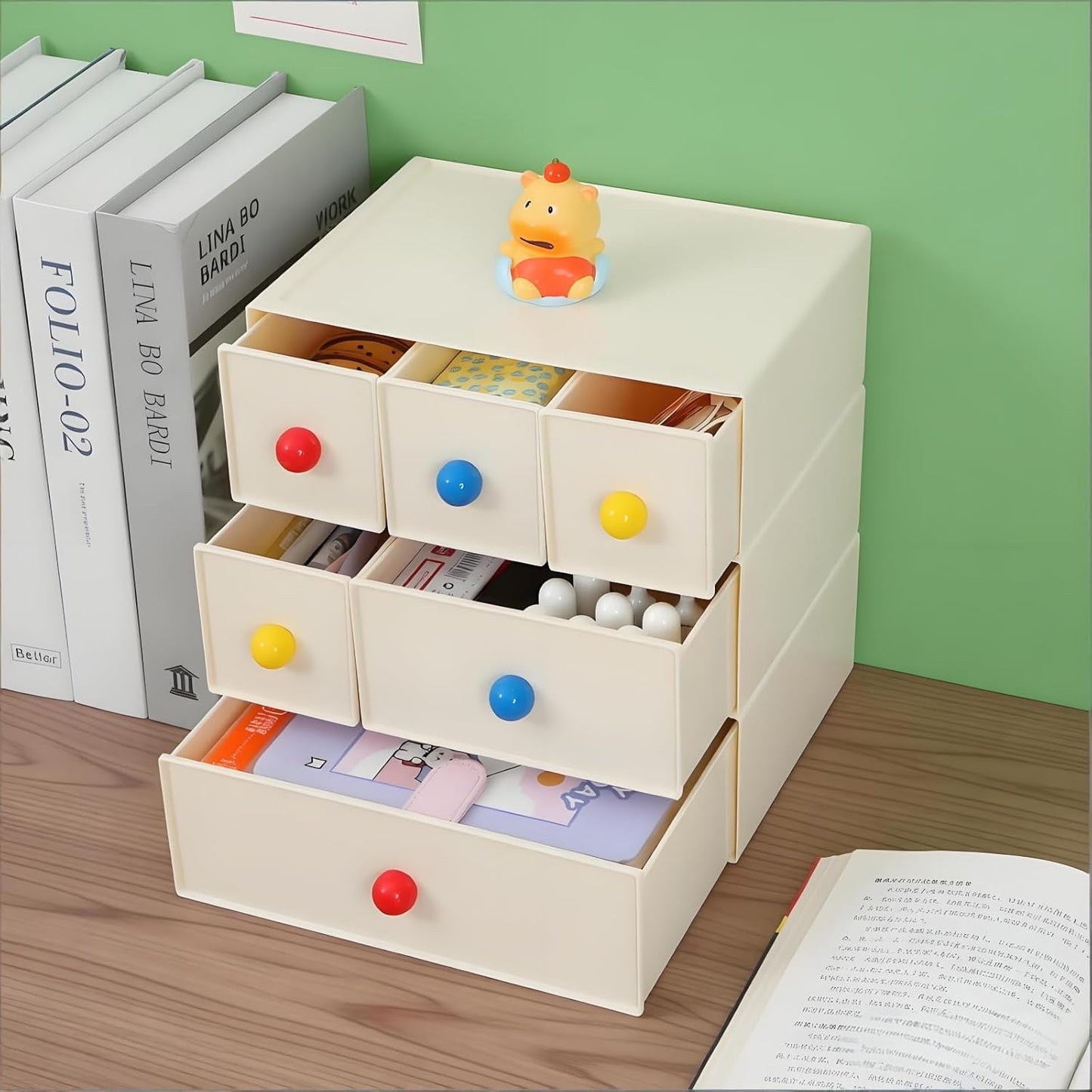 Desktop Storage Drawers, Plastic Desk Organizer with 3 Drawers, Modular Stackable Toolbox Units for Office Stationary, Makeup Container, Bathroom Countertop (1 Tall Layer, Cream & Clear)