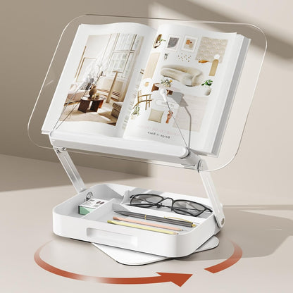 Acrylic Book Stand with Storage, Adjustable Book Holder for Reading with 360° Rotating Bases, Foldable Desktop Riser Stand, Elastic Clips for Cookbook Recipe Magazines Tablets, Laptops (Clear)
