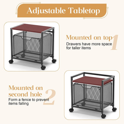 JKsmart Under Desk Storage, Printer Stand with Drawer, Rolling File Cabinet with Adjustable Table Top, 2 Tier Industrial Shelf on Fixed Feet Wheels, Sofa Side Table Organizer for Home, Office, Black