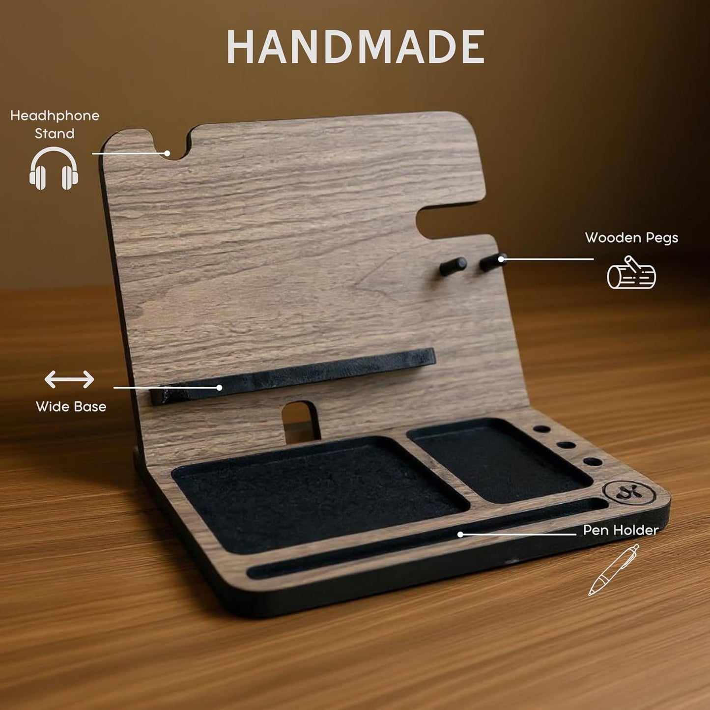 Namore Wood Phone Docking Station for Men – Nightstand & Desk Organizer with Valet Tray for Wallet, Watch & Keys – Bedside Organizer Gift for Husband or Dad