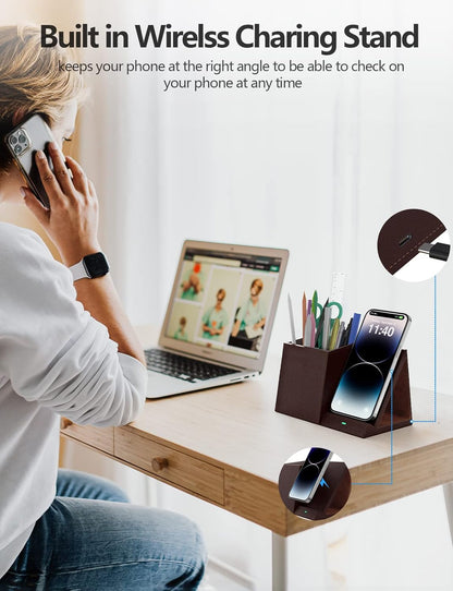 Bamboo Pen Holder for Desk & Nightstand Organizer with Fast Wireless Charging for iPhone, Samsung & More – Office Desk Accessories for Men/Women (Natural)