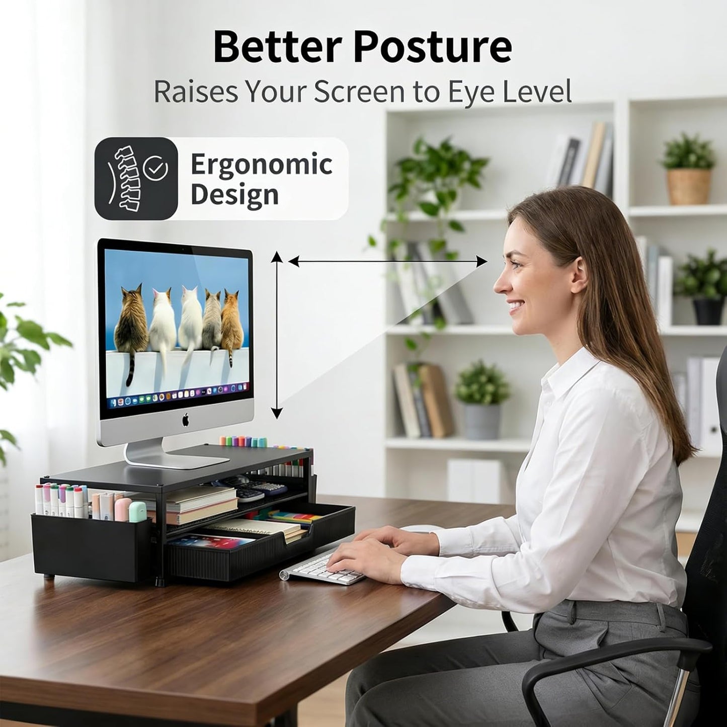 ECOLOVI Desk Organizer and Accessories, 2-Tier Computer Monitor Stand Rise with Storage Drawer & 2 Pen Holders, Laptop & Printer Stand for Desktop, Workspace Organizers for Office Supplies (Blue)