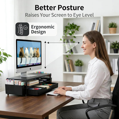 ECOLOVI Desk Organizer and Accessories, 2-Tier Computer Monitor Stand Rise with Storage Drawer & 2 Pen Holders, Laptop & Printer Stand for Desktop, Workspace Organizers for Office Supplies (Blue)