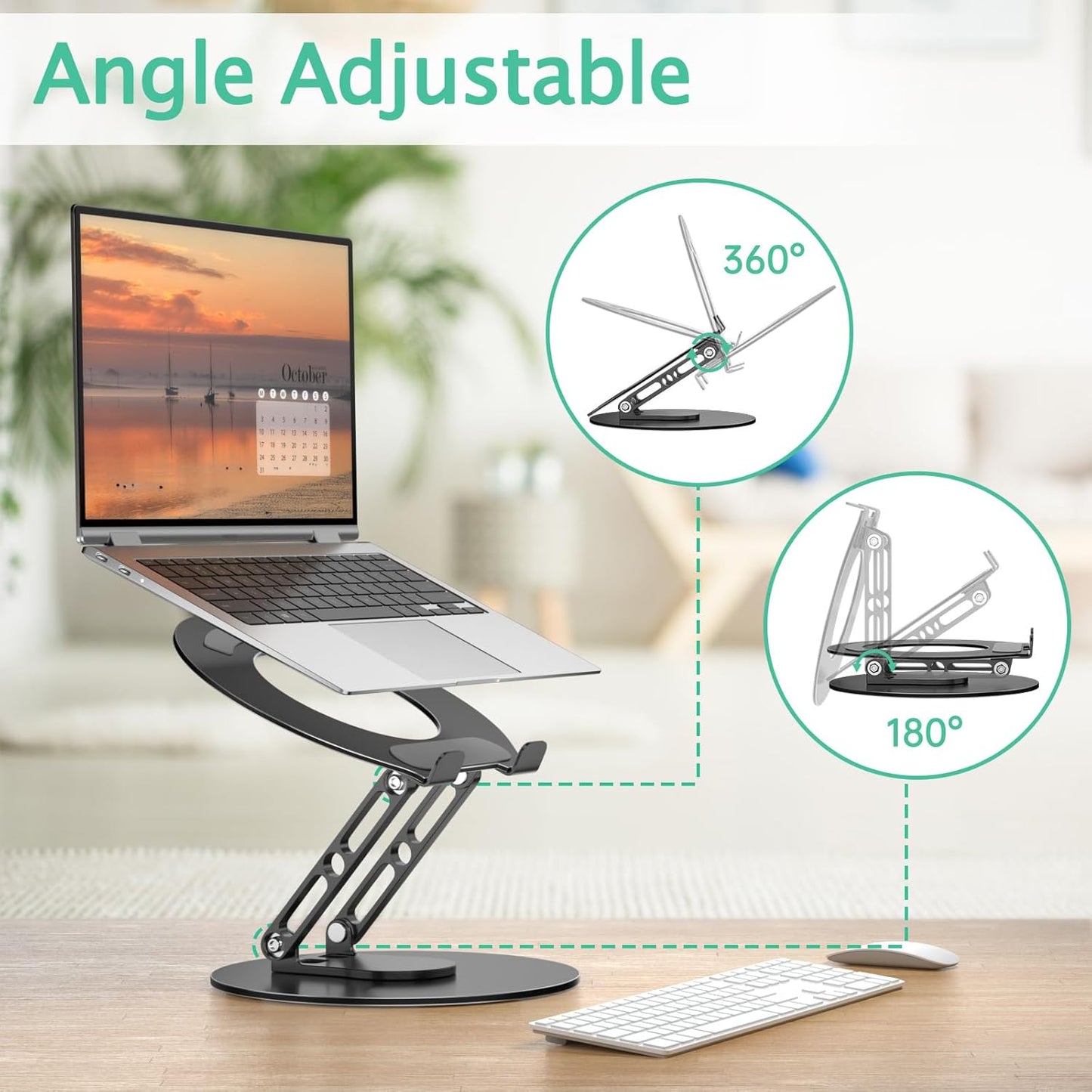 Laptop Stand for Desk Adjustable Computer Stand with 360 Rotating Base Ergonomic Laptop Riser Mount for Desk Foldable Protable Computer Desk Fits with MacBook Pro Air, Round Black