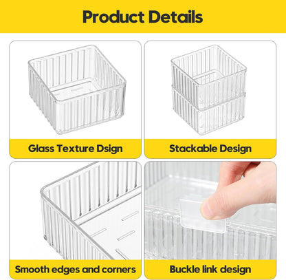 Drawer Organizer Bins, 7 Pcs Clear Stackable Makeup & Desk Organizer with Interlocking Clips, 4 Sizes Vanity Drawer Trays for Bathroom Cosmetic, Home Office & Kitchen