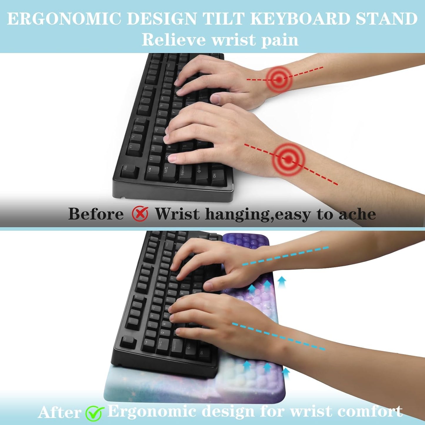 Computer Keyboard Stand Pad with Wrist Rest, Ergonomic Comfy Tilted Keyboard Stand Riser Holder Pad for Office Home (Black)