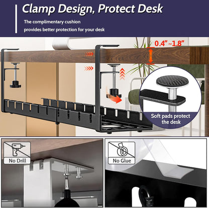 Shikha Cable Management Under Desk, 15.7"-31" Retractable Cable Management Tray, No Drilling Cord Organizer with Clamp for Desk, Under Table Wire Management Tray for Home Office -White