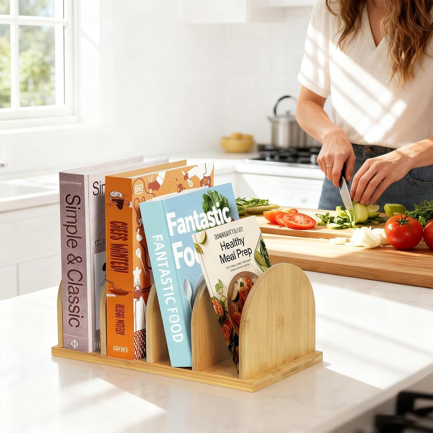 Cookbook Organizer, Wooden Countertop Bookshelf, Space-Saving Recipe Book Storage Holder, Small Desktop Display Rack for Kitchen, Pantry, Home Office Counter Decor