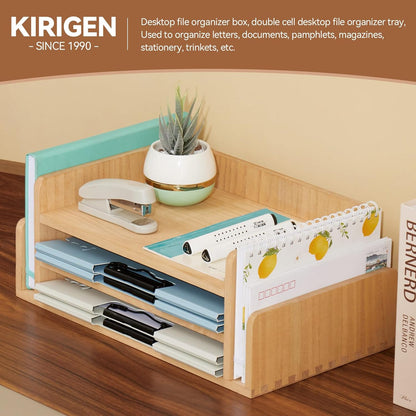 KIRIGEN Wood Desk Organizer 5 Trays - Desktop Document Letter Tray for Folders, Mail,File -Nature 3-Tier Office Mail Sorter Organizer Rack/Telephone Stand/Document Holder Dark Brown(2TP-DBR)