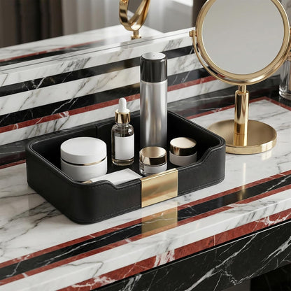 Luxury Leather Valet Tray Desktop Storage Organizer, Bedside Vanity Catchall Tray Nightstand Caddy Holder for Cosmetic, Jewelry, Watch, Keys, Phone,Wallet, Remote Controller, Pen (Black)
