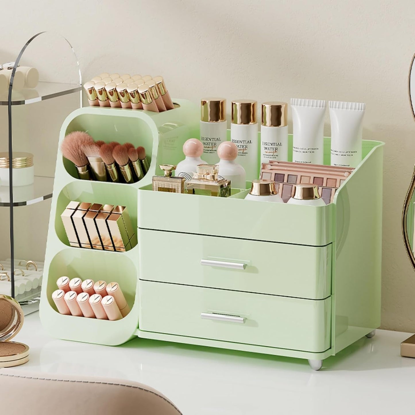 Booklov Makeup Organizer for Vanity, Countertop Cosmetic Display Case with Clear Acrylic Drawers, Bathroom Counter Beauty Caddy, Cute Table Storage Holder for Skincare, Brush Lipsticks, Crystal White