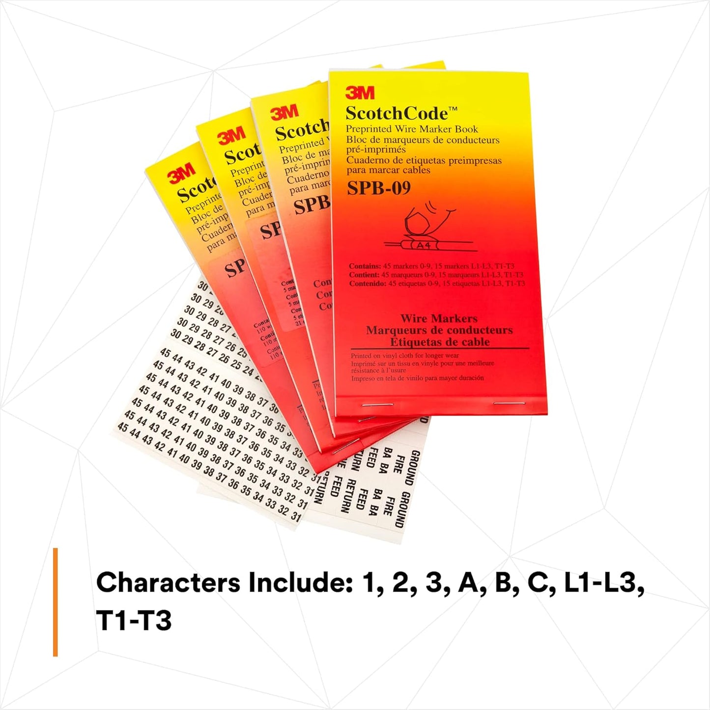 3M ScotchCode Pre-Printed Wire Marker Book SPB-03, Vinyl Coated, Black Printed Numbers (10) each 1–45, White Background Highlights Characters, 1 Book