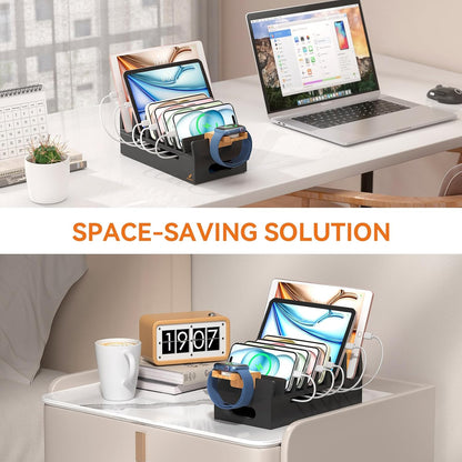 Pezin & Hulin Bamboo Charging Station with Watch Stand, Docking Holder for Multi Device with 5 Port USB Charger HUB, 5 Charge Cables, Desktop Electronic Organizer for Cellphone, Tablet, Watch