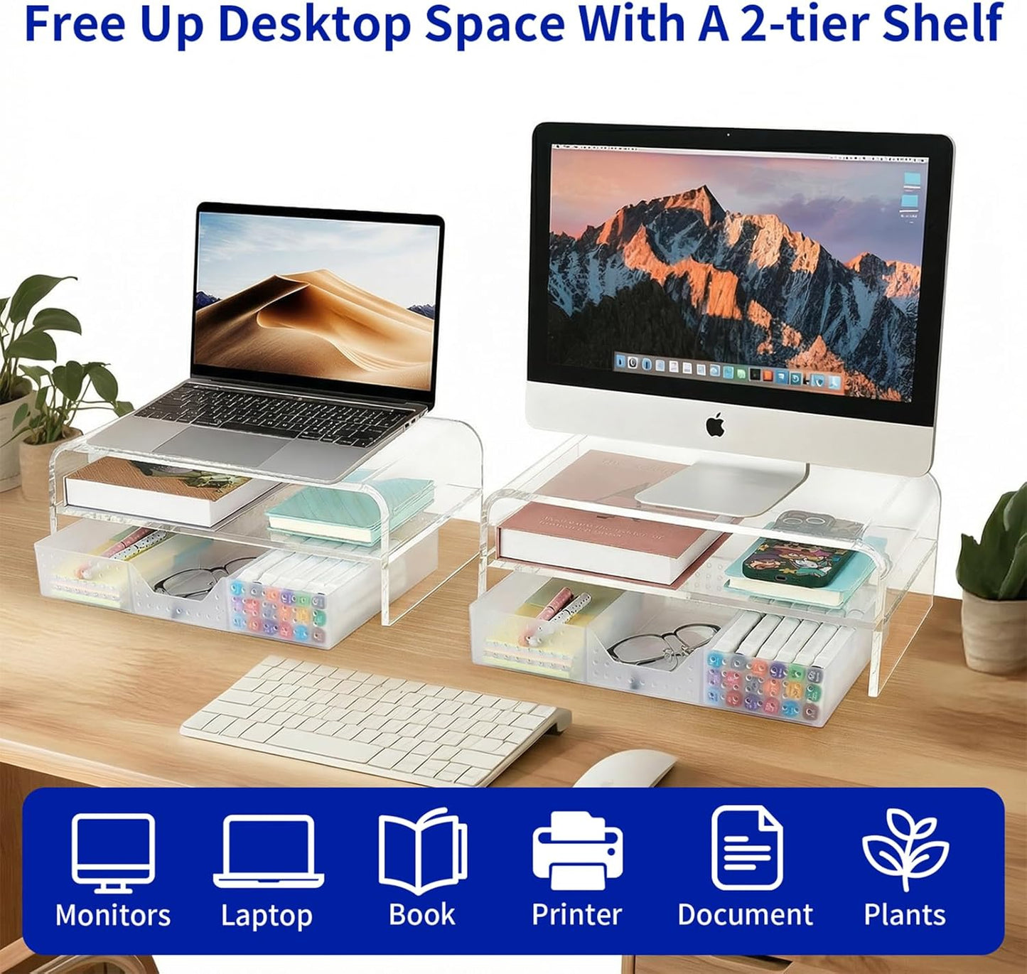 OPNICE Desk Organizer and Accessories, 2-Tier Computer Monitor Stand Riser with Drawer and 2 Pen Holders, Laptop Stand, Office Desk Accessories for Office Supplies, Black