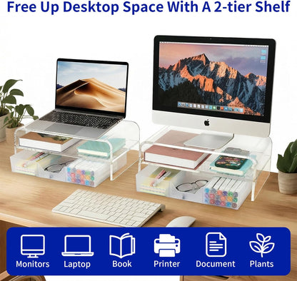 OPNICE Desk Organizer and Accessories, 2-Tier Computer Monitor Stand Riser with Drawer and 2 Pen Holders, Laptop Stand, Office Desk Accessories for Office Supplies, Black