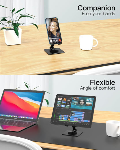 Cell Phone & Tablet Stand for Desk, Aluminum Adjustable Holder for iPhone, iPad & Smartphones || Foldable Mount with 360° Swivel, Stable Base & Portable Design for 4–9.7in Devices, Purple