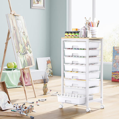SYKIARIOL Rolling Storage Utility Cart with 6 Drawers and Wooden Tabletop for Under Desk Storage,White