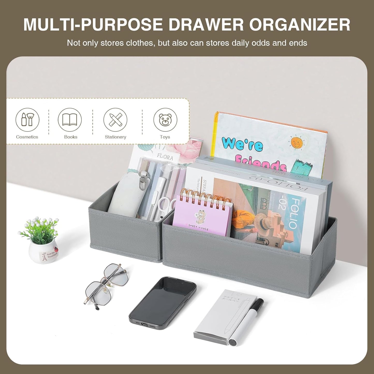 DIMJ Drawer Organizers Clothes, Dresser Organizer Bins for Baby Clothes,Underwear and Sock, Fabric Closet Organization and Storage Boxs, Drawer Dividers for Nursery, Clothing, Tie - 4 Pack, Beige