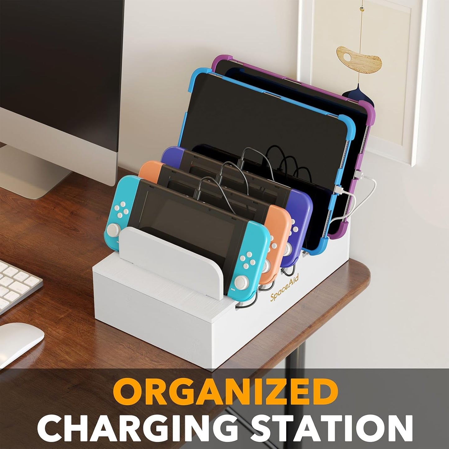 SpaceAid Bamboo Charging Station for Multiple Devices, Cell Phone Docking Stations for Multi Laptop, Tablets and iPads, Nightstand Bedside Desk Device Charger Organizer (Natural)
