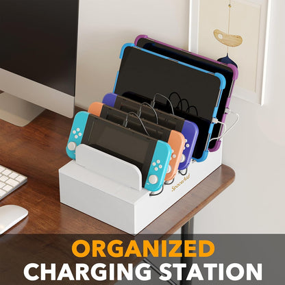 SpaceAid Bamboo Charging Station for Multiple Devices, Cell Phone Docking Stations for Multi Laptop, Tablets and iPads, Nightstand Bedside Desk Device Charger Organizer (Natural)