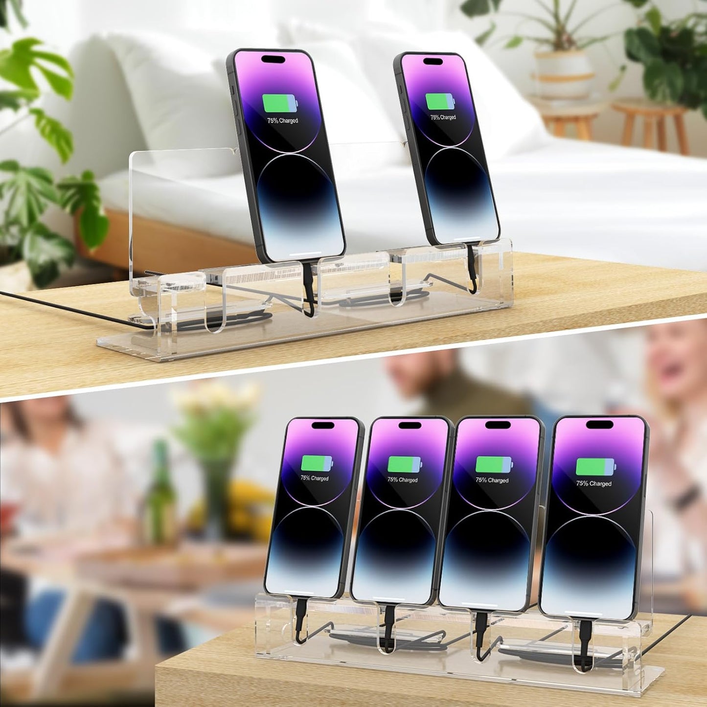 Cell Phone Stand, Multiple Phone Holder Organizer Stand for 4 Phones, Acrylic Desktop Mobile Phone Docking Station Charging Holder (Clear)