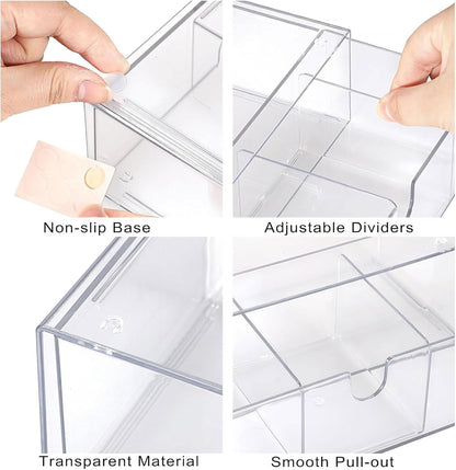 Hipiwe Acrylic Storage Drawers 3-Tier Stackable Bathroom Makeup Organizer Cotton Swabs Qtip Holder for Vanity Cosmetics Clear Desktop Organizer with Removable Dividers, 8.1"Lx 3.9"Wx7.8"H