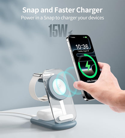 3 in 1 Magnetic Wireless Charging Station for Apple Devices, Fast Foldable Travel Mag-Safe Charger Stand with Night Light for iPhone 17 16 15 14 13 12 Series, Apple Watch/AirPods Pro, BU