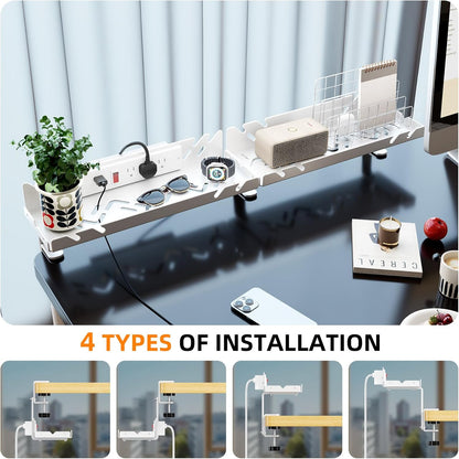 Extended Metal Under Desk Cable Management Tray with Power Outlet, No-Drill Wire Organizer with Clamp, Cord Storage Raceway for Desk Cable Management for Office Home (White)