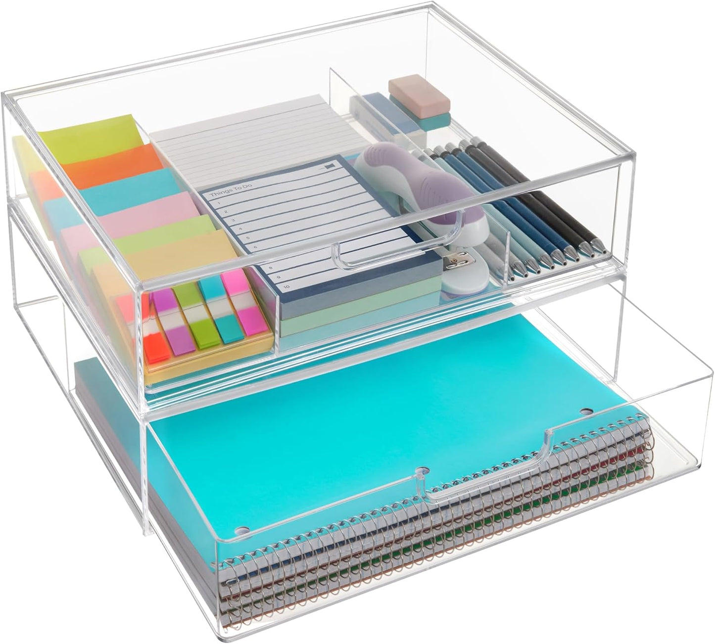 STORi STAX Plastic Stackable Organizer Drawers (Set of 2) Clear | 12.5" Wide | Set Includes Two Open Drawer | Organize Office Desk Accessories & Sort Paper | Made in USA