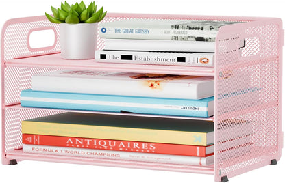 3 Tier Paper Letter Tray Organizer for Desk, Mesh File Folder Document Organizer with Handle for Home Office Supplies Desktop Accessories, Black