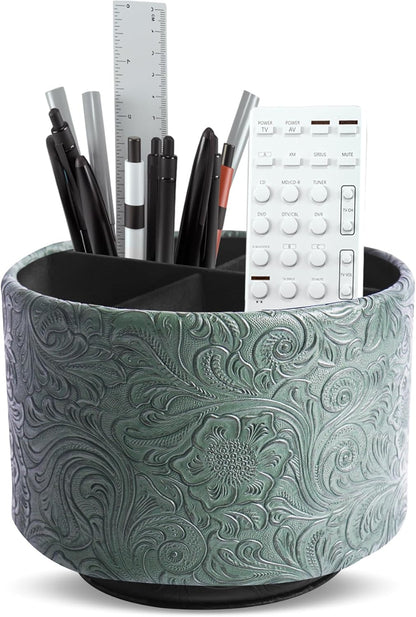 lizimandu Round Leather Art Supply Organizer,Remote Control Holder,360 Degree Spinning,Multi-Functional Pencil Holder,4 Compartments Desktop Stationary Organizer(1-Gold) - Colors A