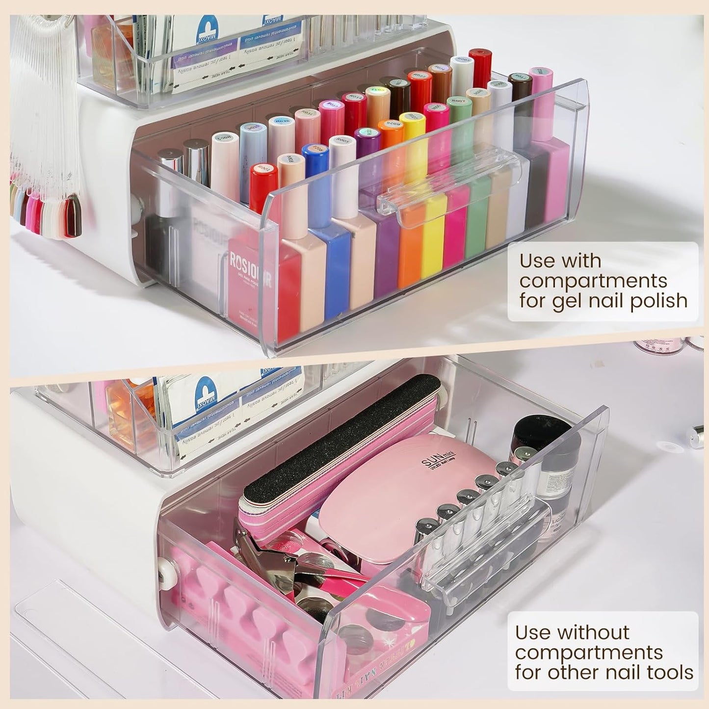 Wilfniee Nail Tech Desk Organizer Case: 2 Layers Nail Tech Organizers with Nail Polish Storage Drawer- 53 Holes Nail Drill Bits & Nail Brushes Pens Holder for Manicure Nail Supplies (Clear)