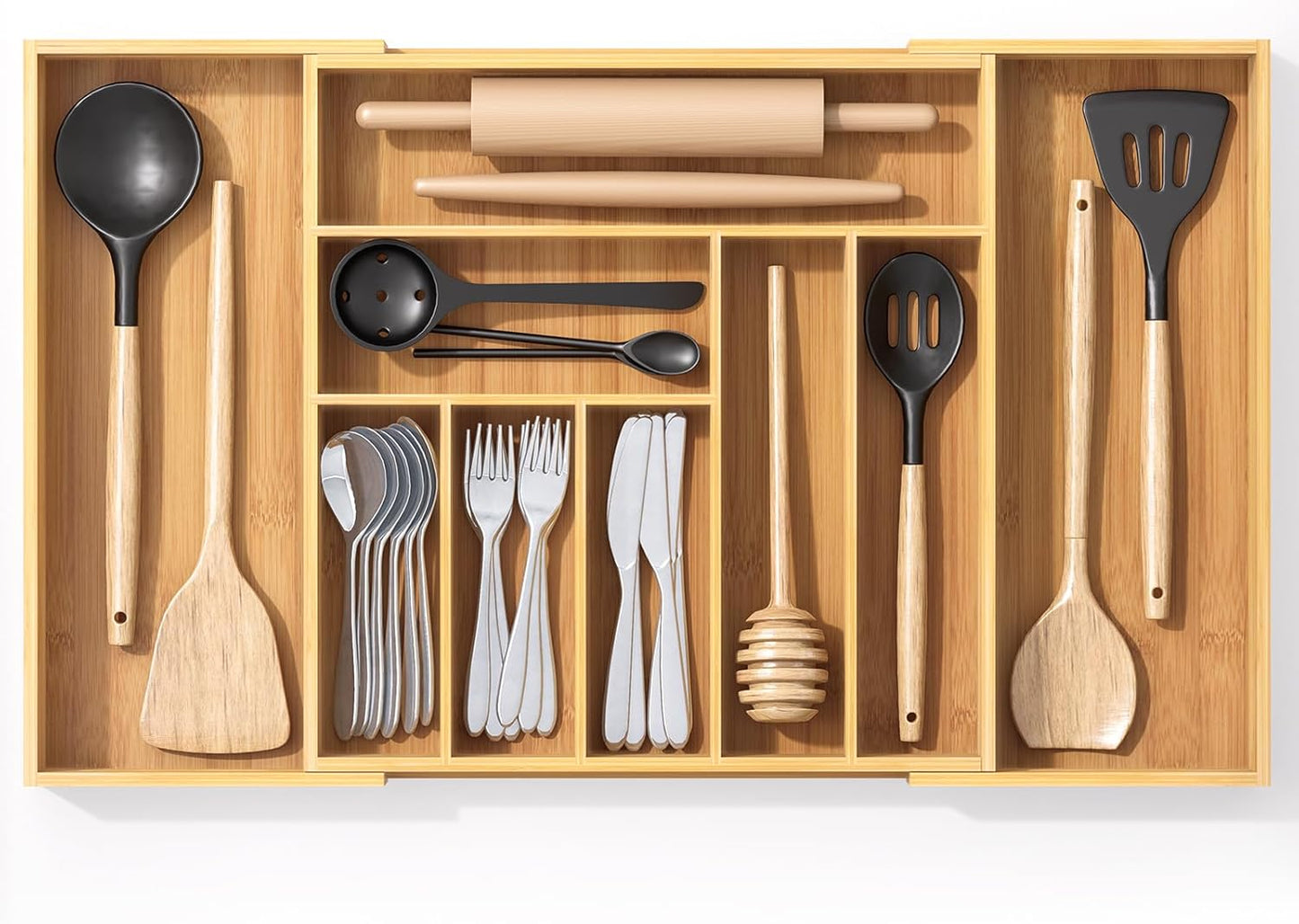 Youpehom Bamboo Utensil Organizer for Kitchen Drawers, Expandable Utensil Tray and Cutlery Silverware Holder,Wood Drawer Dividers with 7 Adjustable Slots