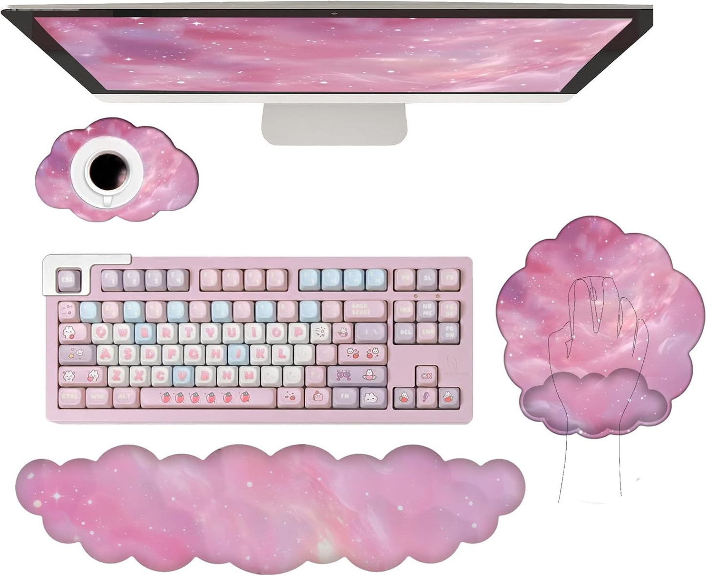 Cloud Wrist Rest Keyboard Pink Mouse Pad Set with Wrist Rest Ergonomic Wrist Pad Memory Foam Non-Slip Base Cute Gradient Wrist Support for Computer Laptop Gaming Home Office Relief Typing Pain