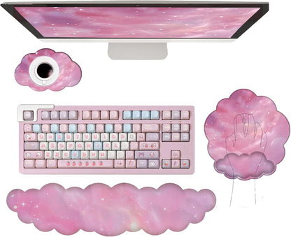 Cloud Wrist Rest Keyboard Pink Mouse Pad Set with Wrist Rest Ergonomic Wrist Pad Memory Foam Non-Slip Base Cute Gradient Wrist Support for Computer Laptop Gaming Home Office Relief Typing Pain