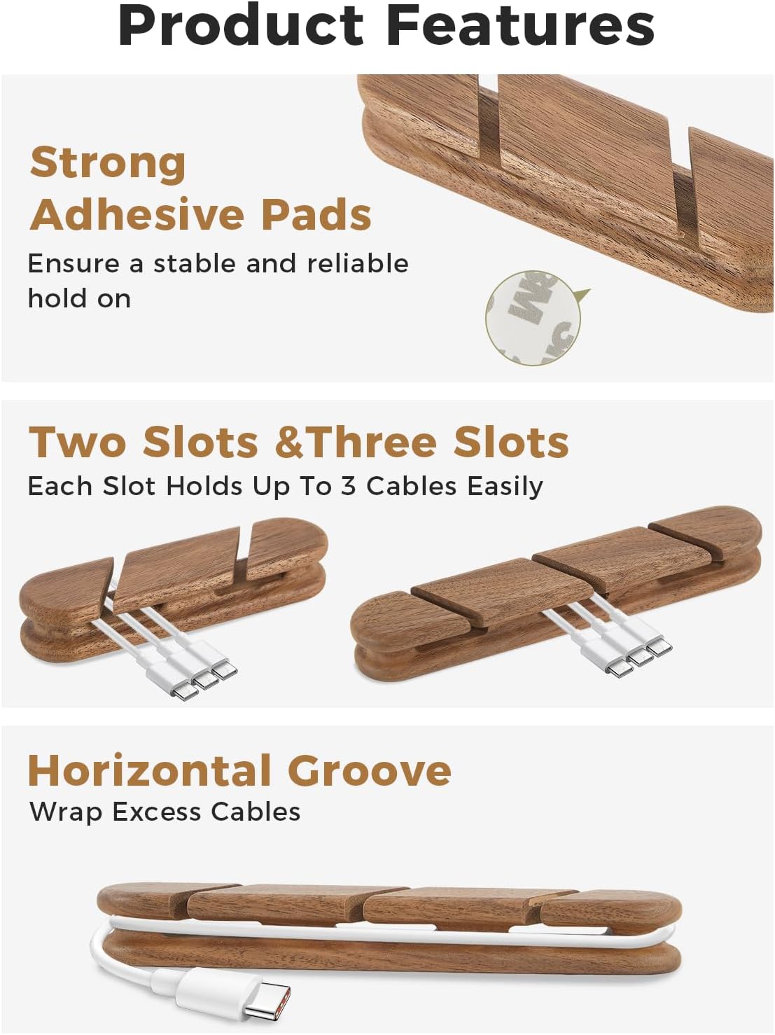 Solid Walnut Cable Holder & Cord Organizer, Adhesive Cable Clips for Desk, Under Desk, Wall, Bedside & Car, Wood Cable Management for Home Office, Phone Charging & USB Cables