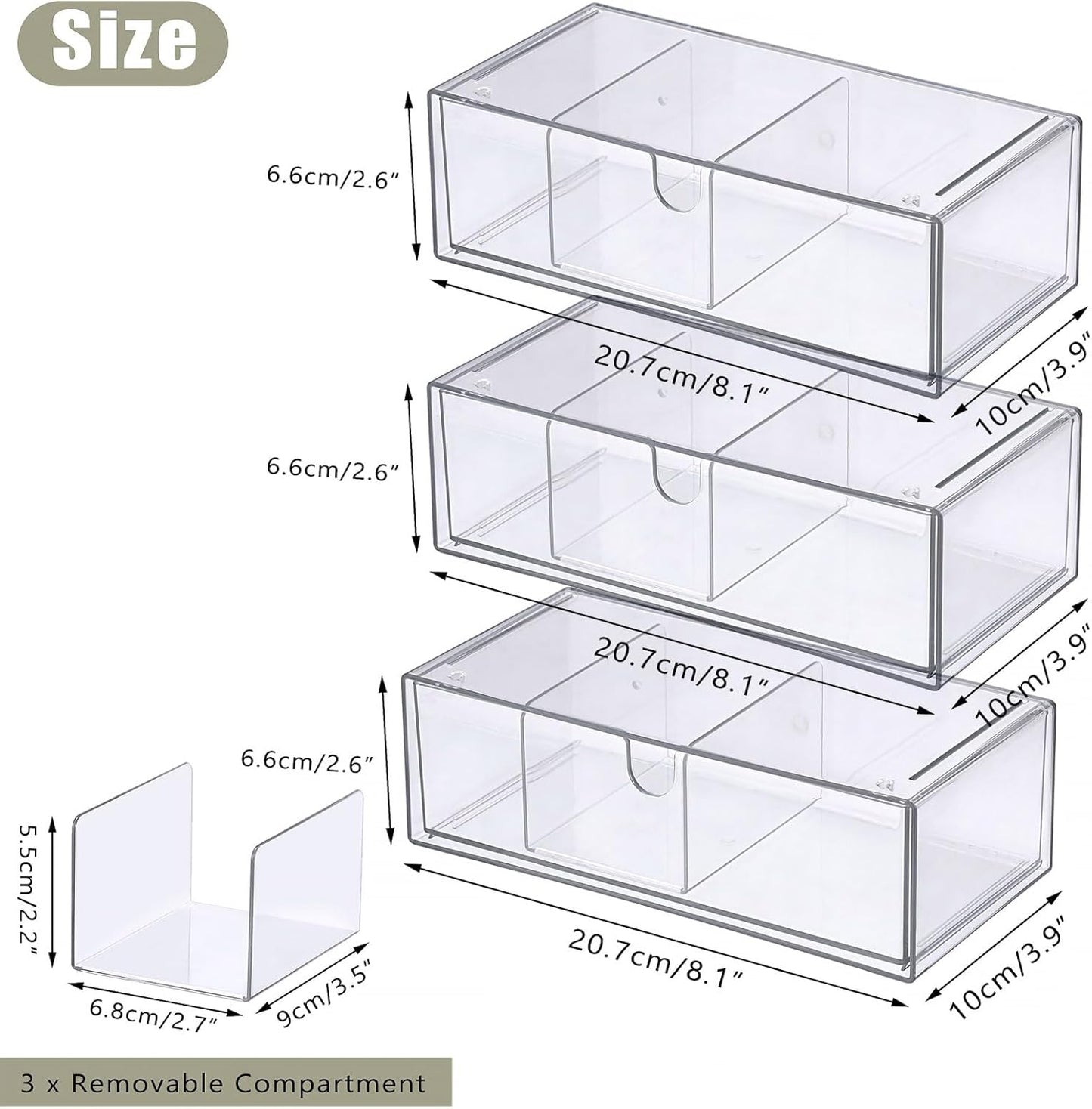 Acrylic Pencil Drawer with Removable Dividers Clear Pull Out Pen Drawer Organizer Stackable Bathroom Organizer for Makeup, Cosmetics, Office Supplies,3 Pack