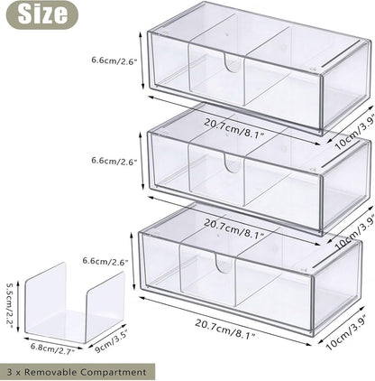 Acrylic Pencil Drawer with Removable Dividers Clear Pull Out Pen Drawer Organizer Stackable Bathroom Organizer for Makeup, Cosmetics, Office Supplies,3 Pack