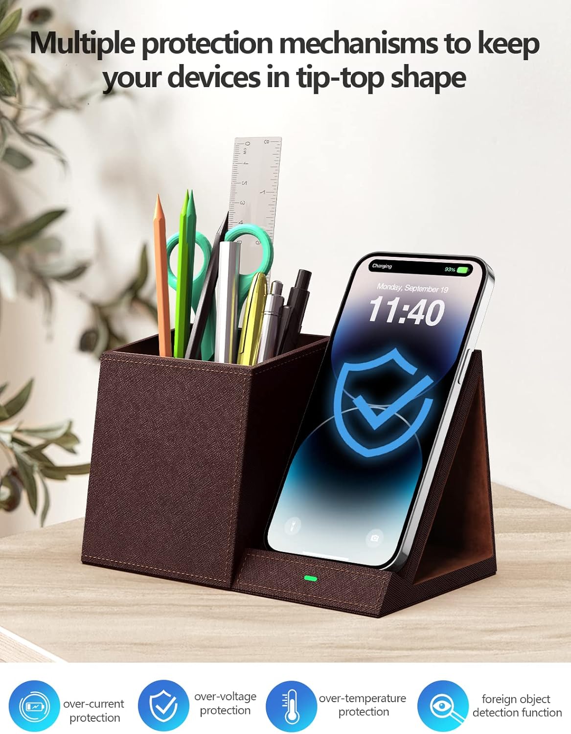 Bamboo Pen Holder for Desk & Nightstand Organizer with Fast Wireless Charging for iPhone, Samsung & More – Office Desk Accessories for Men/Women (Natural)