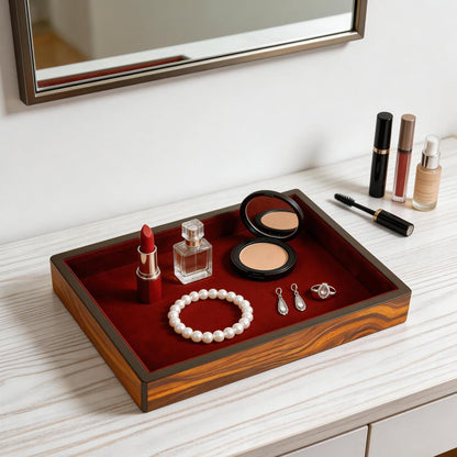 Wooden Valet Tray with Velvet Lining, EDC Desktop Catchall Organizer, Storage Tray for Jewelry, Wallets, Watches, Keys, Glasses, Perfect for Nightstand, Dresser, Entryway Bedside