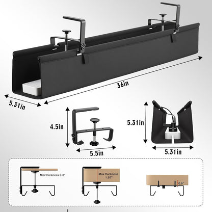No Drill Large Under Desk Cable Management Tray, Fabric Cord Hider for Wire Organizer, Clamp/Screw Mount Cord Organizer, Standing Desk Cable Management for Office Home (Large (36 Inch))
