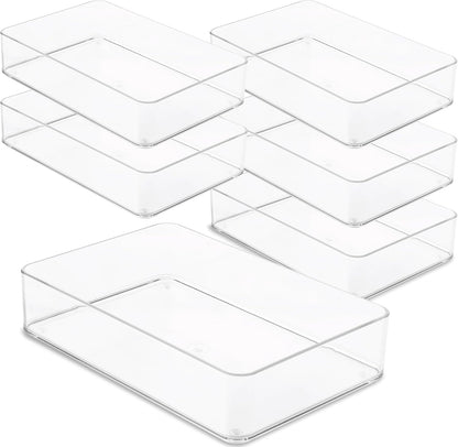 primebox Plastic Clear Drawer Organizers. Bathroom. Kitchen, Bedroom, Utensils, Office Organizer Bins, Storage Trays. Stackable. 9" x 6" x 2" Set of 6