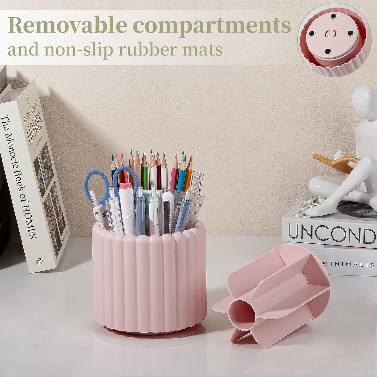 Anyoifax 360° Rotating Pen Holder 7 Slots Desk Organizer Removable Pencil Cup Plastic Art Supplies and Accessories Desktop Storage Box Caddy for Office, School, Home (White)