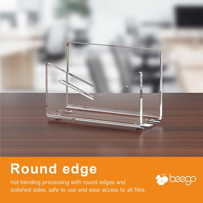 Beego Envelope and Mail Organizer Countertop - Clear Acrylic Desk Organizer Letter Holder Desktop File Sorter Bill Document Folder Rack for Office, Home, School Desk Organization
