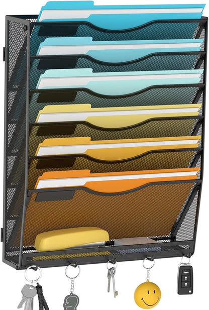 Delifox 7-Compartment Wall Mounted Hanging File Organizer Cubicle Wall File Holder Vertical Document Organizer for Office Home, Black