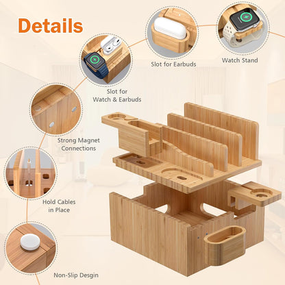 Pezin & Hulin Multiple USB Charging Station, Wooden Bamboo Dock Station for Cell Phones, Tablets, Earpods and Smart Watch, Including Power Charger HUB, 5 Cables -Natural Bamboo